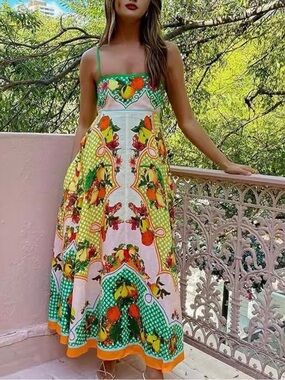 Green Fruit-Print Spaghetti Strap Maxi Dress